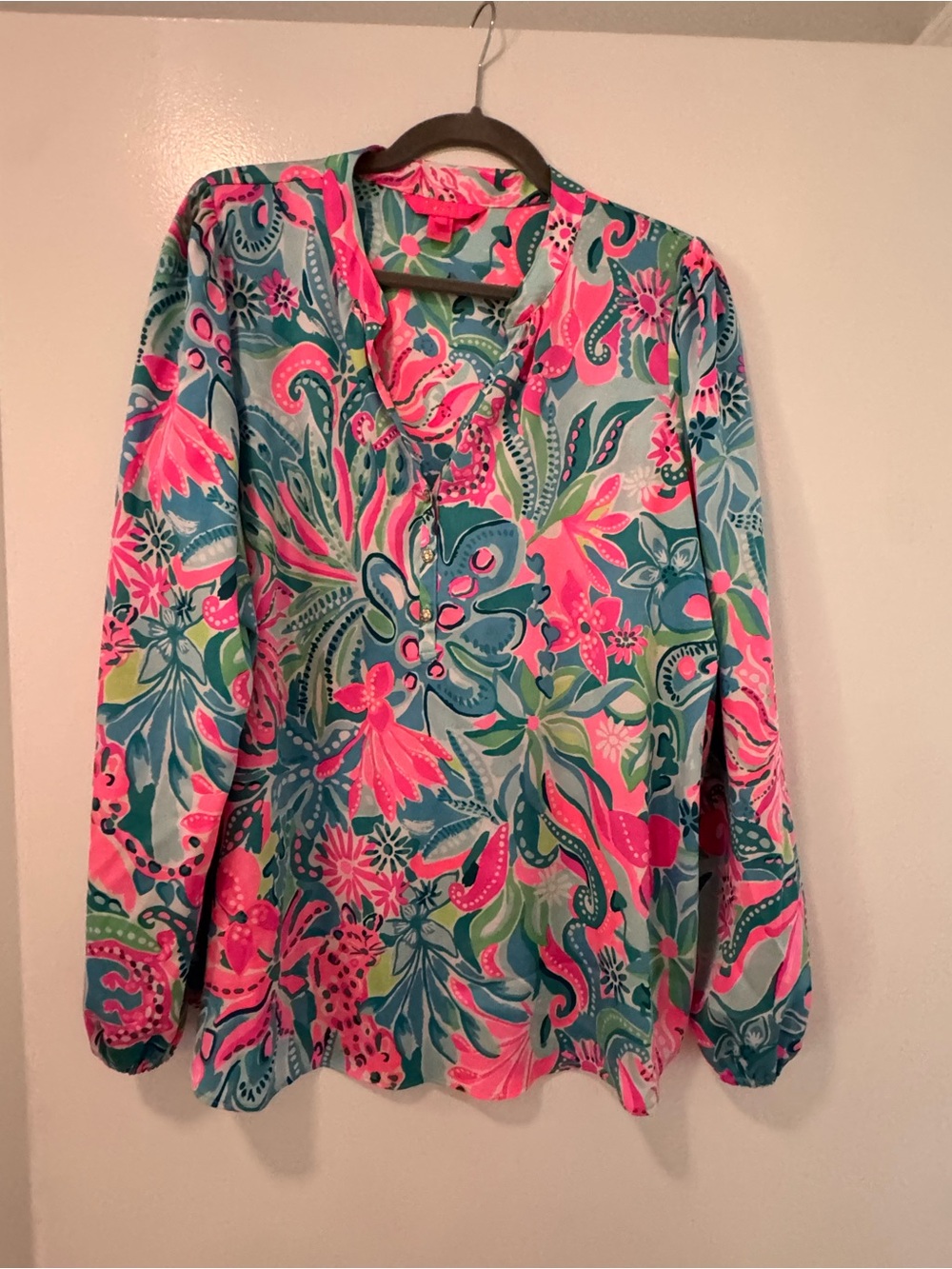 Lily Pulitzer Wo Marvelle Floral Satin Blouse Pink/turquiose Size Large